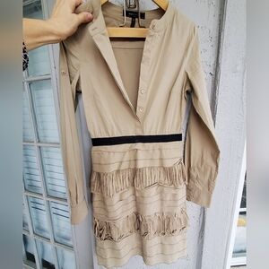 BCBGMaxazria Tan Fringe Layered Button Down Tiered Cotton Blend Dress Xxs